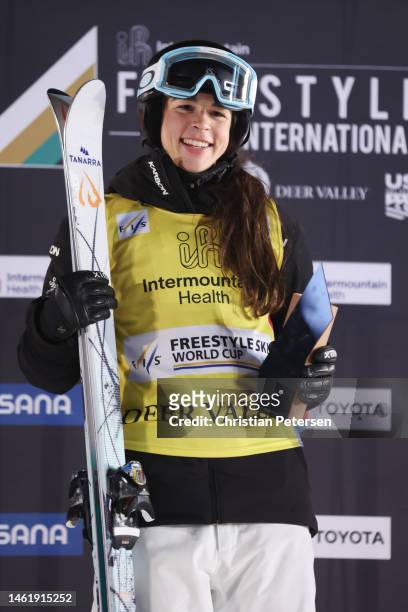 Jakara Anthony of Team Australia celebrates on the podium after winning the Women's Moguls Finals on day one of the Intermountain Healthcare...