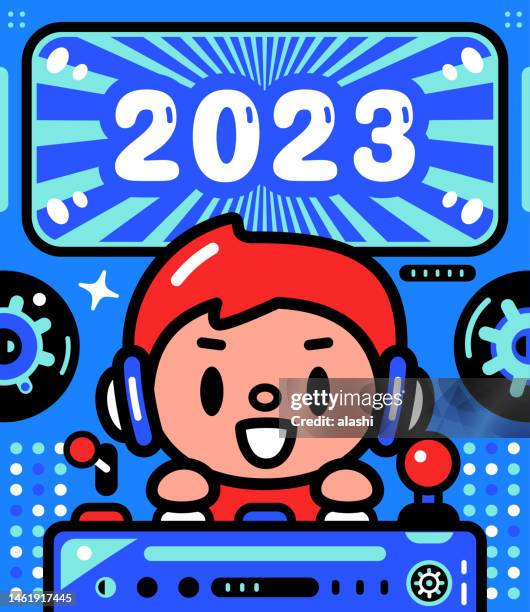 a cute boy is piloting an unlimited power spaceship and celebrating the arrival of 2023 - control room stock illustrations