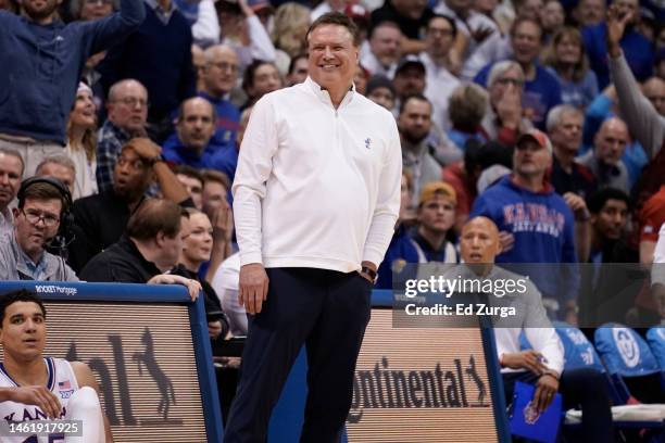 Head coach Bill Self of the Kansas Jayhawks watches his team during the game against the Kansas State Wildcats at Allen Fieldhouse on January 31,...