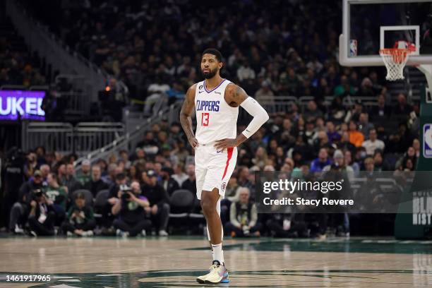 Paul George of the LA Clippers waits for a free throw during the first half of a game against the Milwaukee Bucks at Fiserv Forum on February 02,...