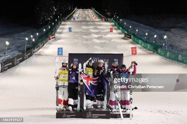 Second place finishers Mikael Kingsbury of Team Canada and Jaelin Kauf of Team United States, first place winners Jakara Anthony and Matt Graham of...