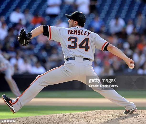 Clay Hensley of the San Francisco Giants pitches against the San Diego Padres at Petco Park on June 6, 2012 in San Diego, California.