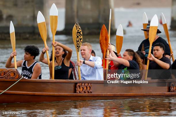Prime Minister Chris Hipkins paddles a waka on February 03, 2023 in Waitangi, New Zealand. Prime Minister Hipkins is attending events ahead of...