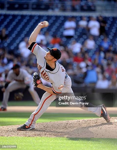 Clay Hensley of the San Francisco Giants pitches against the San Diego Padres at Petco Park on June 6, 2012 in San Diego, California.