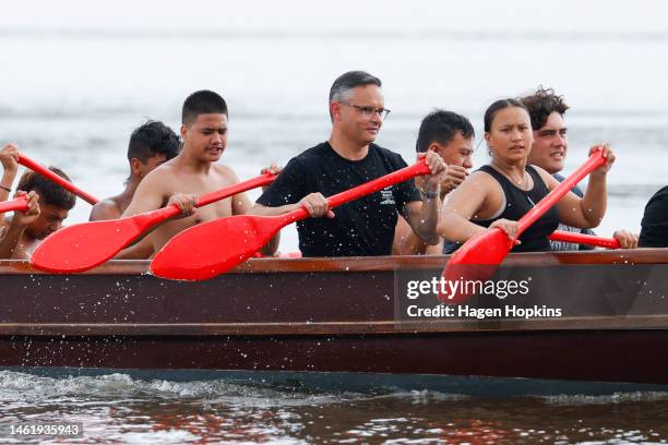 Green Party co-leader James Shaw paddles a waka on February 03, 2023 in Waitangi, New Zealand. Prime Minister Hipkins is attending events ahead of...