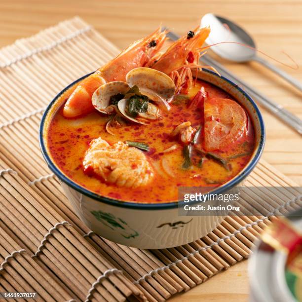 traditional asian shrimp soup - fish dinner stock pictures, royalty-free photos & images