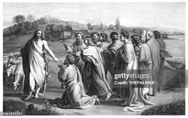 christus und die apostel stich 1888 - johannes der evangelist stock-grafiken, -clipart, -cartoons und -symbole