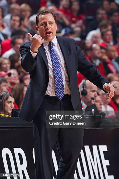 Tom Thibodeau, head coach of the Chicago Bulls, directs his team against the Philadelphia 76ers in Game Two of the Eastern Conference Quarterfinals...