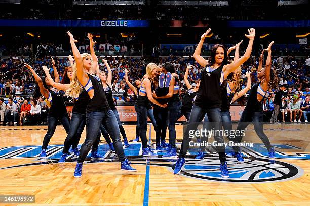 Orlando Magic dancers perform in Game Four of the Eastern Conference Quarterfinals against the Indiana Pacers during the 2012 NBA Playoffs on May 5,...