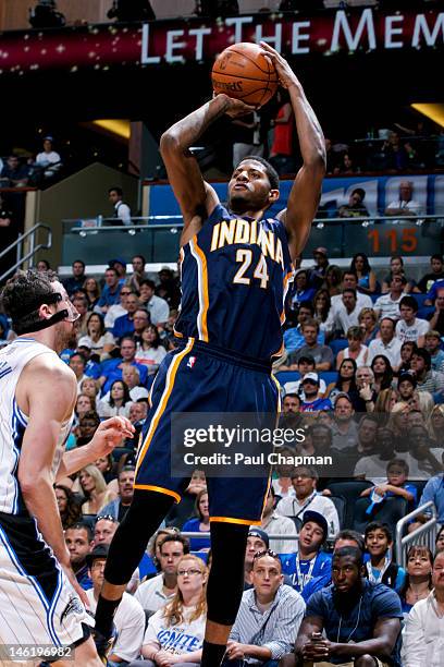 Paul George of the Indiana Pacers shoots against the Orlando Magic in Game Four of the Eastern Conference Quarterfinals during the 2012 NBA Playoffs...