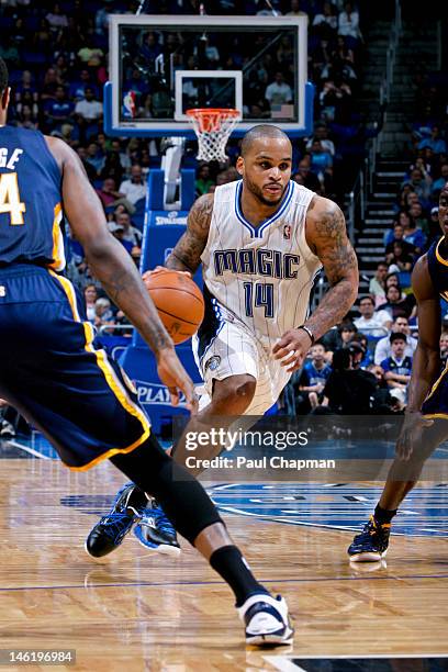 Jameer Nelson of the Orlando Magic drives against the Indiana Pacers in Game Four of the Eastern Conference Quarterfinals during the 2012 NBA...