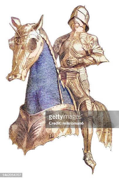 old engraving illustration of fifteenth-century german suit of armor - armadura fotografías e imágenes de stock