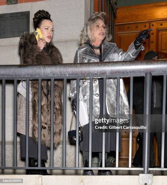 Actress Debi Mazar and singer-songwriter Debbie Harry are seen leaving Marc Jacobs Runway Show 2023 at the Park Avenue Armory on February 02, 2023 in...