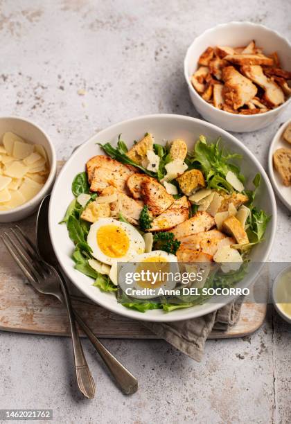 plate with caesar salad chicken eggs sauce - chicken meat stock pictures, royalty-free photos & images