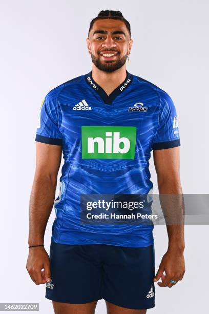 Hoskins Sotutu poses during the Blues Super Rugby 2023 team headshots session at Blues HQ on January 25, 2023 in Auckland, New Zealand.