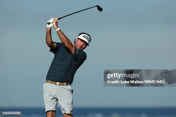 Bubba Watson of USA plays his tee shot on the 17th hole on Day Two of the PIF Saudi International at Royal Greens Golf & Country Club on February 03,...