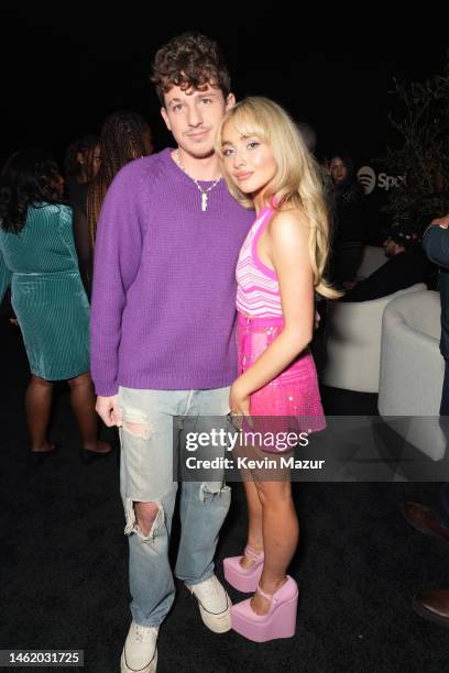 Charlie Puth and Sabrina Carpenter attend Spotify's 2023 Best New Artist Party at Pacific Design Center on February 02, 2023 in West Hollywood,...