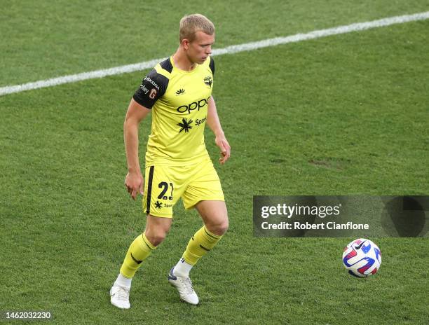Joshua Laws of the Phoenix warms up prior to the round 15 A-League Men's match between Melbourne Victory and Wellington Phoenix at AAMI Park, on...