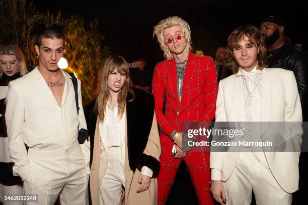 Damiano David and Victoria De Angelis of Måneskin, Machine Gun Kelly, and Thomas Raggi of Måneskin attend Spotify's 2023 Best New Artist Party at...