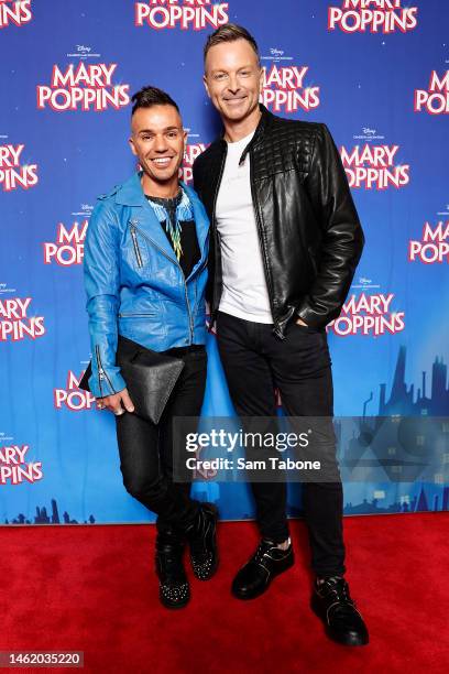 Anthony Callea and Tim Campbell attend the opening night of Mary Poppins at Her Majesty's Theatre on February 03, 2023 in Melbourne, Australia.
