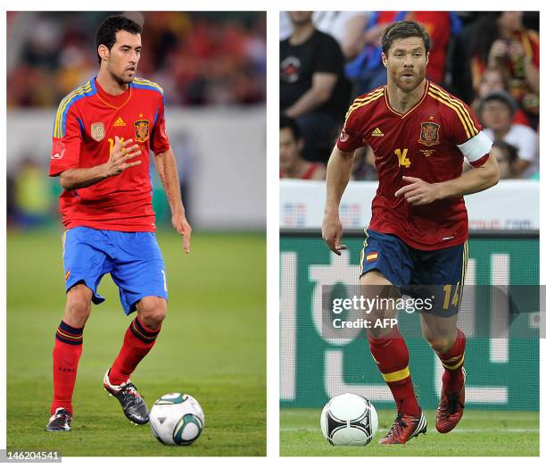 Combination of pictures made on June 12, 2012 shows Spain's national football team midfielder Xabi Alonso during the international friendly football...