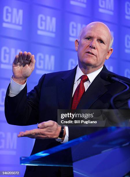 General Motors Chairman and Chief Executive Officer Dan Akerson speaks with the media before addressing the 2012 GM annual meeting of stockholders at...