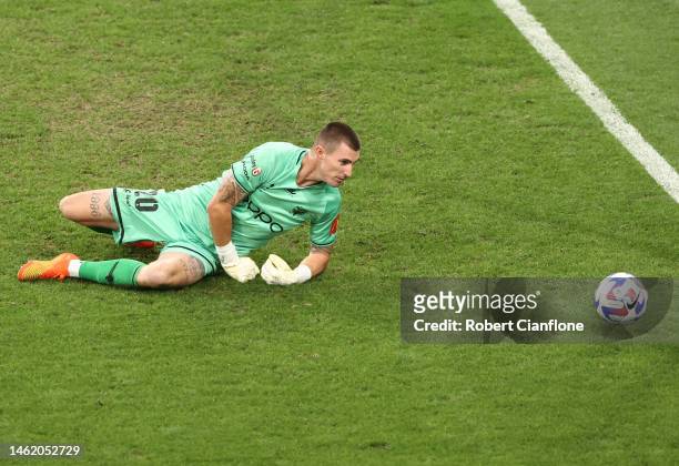 Phoenix goalkeeper Oliver Sail watches the ball go wide during the round 15 A-League Men's match between Melbourne Victory and Wellington Phoenix at...