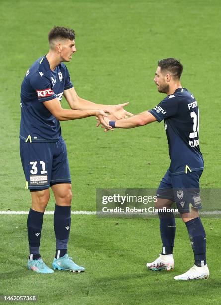 Bruno Fornaroli of the Victory celebrates after scoring a goal during the round 15 A-League Men's match between Melbourne Victory and Wellington...