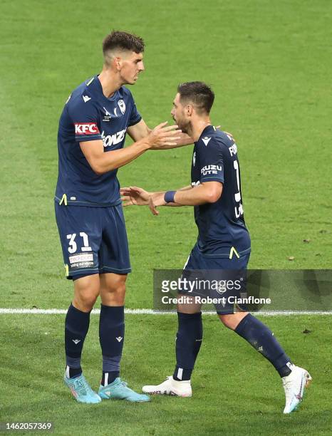 Bruno Fornaroli of the Victory celebrates after scoring a goal during the round 15 A-League Men's match between Melbourne Victory and Wellington...