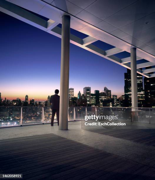 roof terrace with businessman looking at skyline of new york - north america skyline stock pictures, royalty-free photos & images