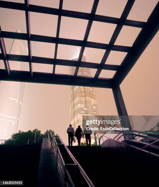 businessmen and businesswoman on top of stairs at modern business district - dreiviertel rückansicht stock-fotos und bilder