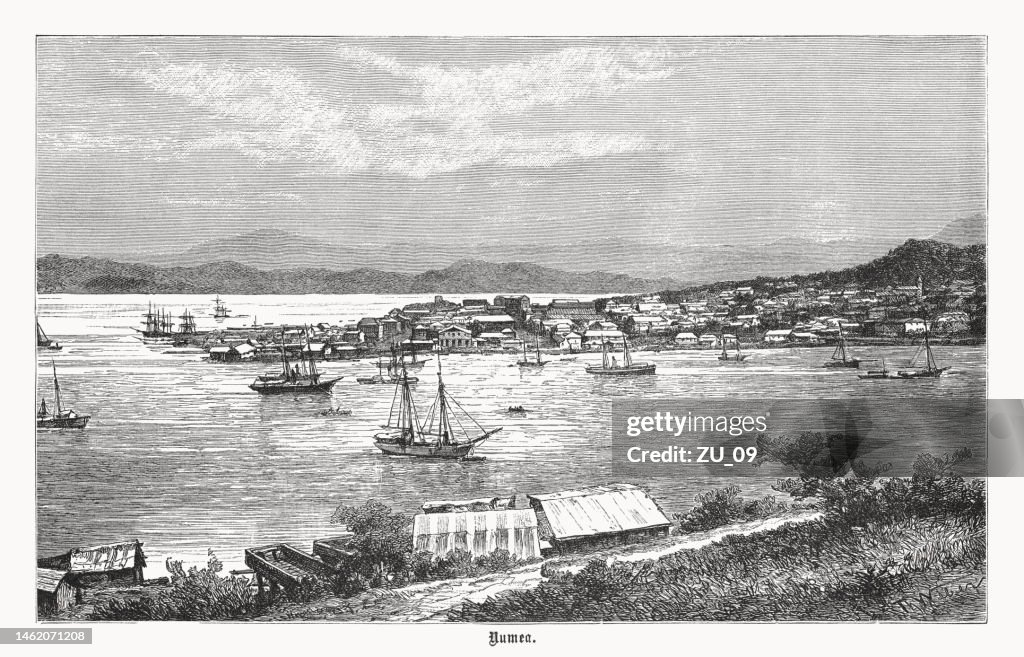 Historical view of Nouméa, New Caledonia, wood engraving, published 1899