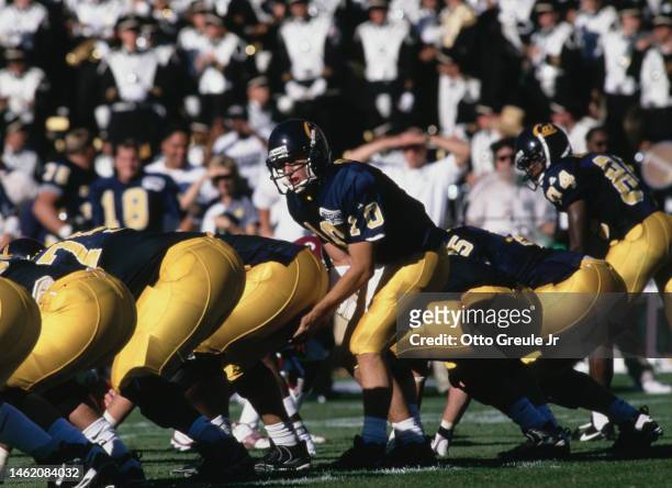 Justin Vedder, Quarterback for the University of California, Berkeley Golden Bears calls the play on the line of scrimmage during the NCAA Big 12...