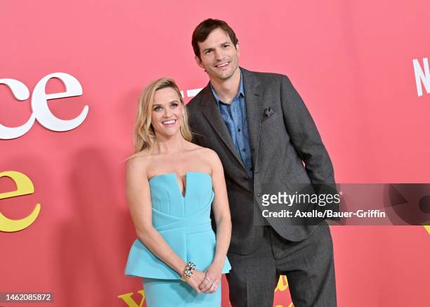 Reese Witherspoon and Ashton Kutcher attend the World Premiere of Netflix's "Your Place Or Mine" at Regency Village Theatre on February 02, 2023 in...