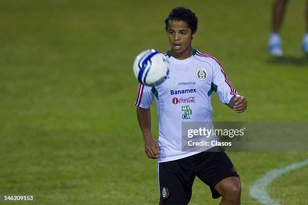 Player Giovani Dos Santos in action during a training session of the Mexican National Soccer Team at Cuscatlan Staduim before a match between Mexico...