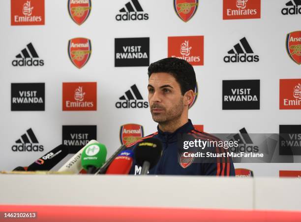 Arsenal manager Mikel Arteta attends a press conference at London Colney on February 03, 2023 in St Albans, England.