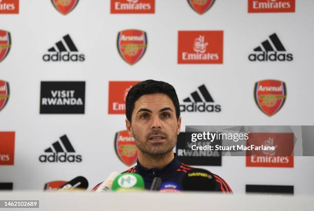 Arsenal manager Mikel Arteta attends a press conference at London Colney on February 03, 2023 in St Albans, England.