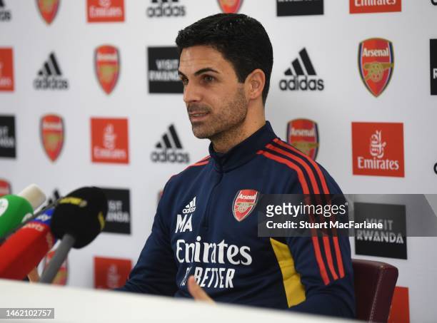 Arsenal manager Mikel Arteta attends a press conference at London Colney on February 03, 2023 in St Albans, England.