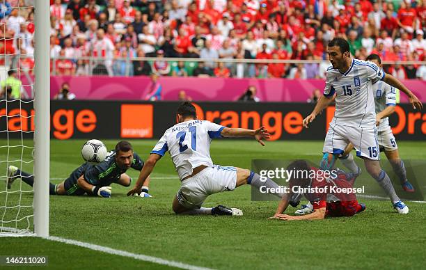 Vaclav Pilar of Czech Republic scores their second goal during the UEFA EURO 2012 group A match between Greece and Czech Republic at The Municipal...