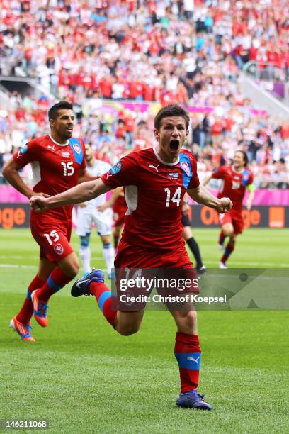 Vaclav Pilar of Czech Republic celebrates scoring their second goal during the UEFA EURO 2012 group A match between Greece and Czech Republic at The...