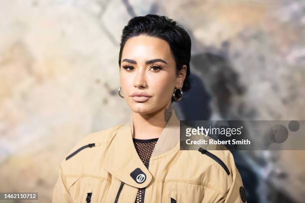 Singer-songwriter Demi Lovato arrives for the Stella McCartney X Adidas party at Henson Recording Studio on February 02, 2023 in Los Angeles,...