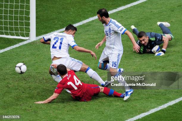 Vaclav Pilar of Czech Republic scores their second goal during the UEFA EURO 2012 group A match between Greece and Czech Republic at The Municipal...