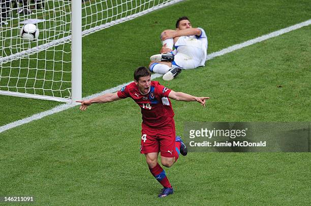Vaclav Pilar of Czech Republic celebrates scoring their second goal during the UEFA EURO 2012 group A match between Greece and Czech Republic at The...