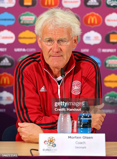 In this handout image provided by UEFA, Morten Olsen the coach of Denmark talks to the media during a UEFA EURO 2012 press conference at the Arena...