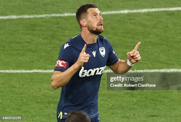 Tom Juric of the Victory celebrates after scoring a goal during the round 15 A-League Men's match between Melbourne Victory and Wellington Phoenix at...