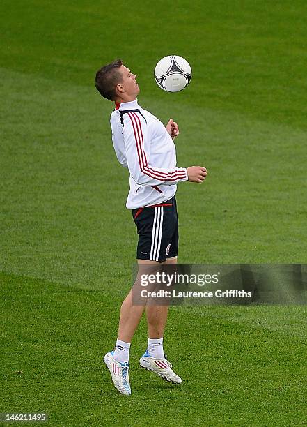 Daniel Agger of Denmark in action during a UEFA EURO 2012 training session at the Arena Lviv on June 12, 2012 in Lviv, Ukraine.