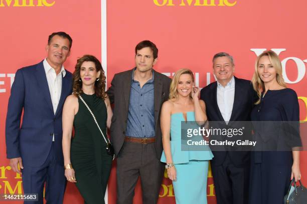 Scott Stuber, Aline Brosh McKenna, Ashton Kutcher, Reese Witherspoon, Ted Sarandos and Cassidy Lange attend Netflix's "Your Place or Mine" World...