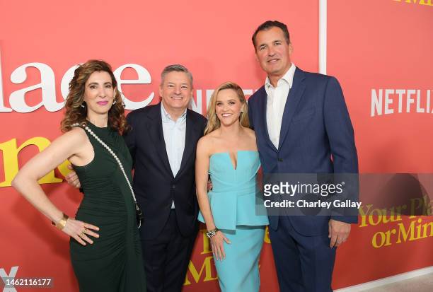 Aline Brosh McKenna, Ted Sarandos, Reese Witherspoon and Ted Sarandos and Scott Stuber attend Netflix's "Your Place or Mine" World Premiere at...