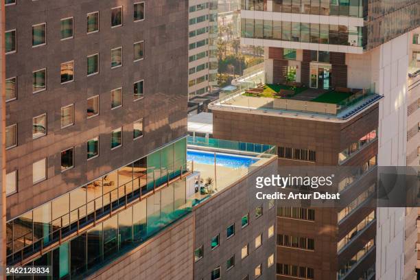 idyllic swimming pool on top of skyscraper rooftop in the barcelona city. - rooftop pool imagens e fotografias de stock