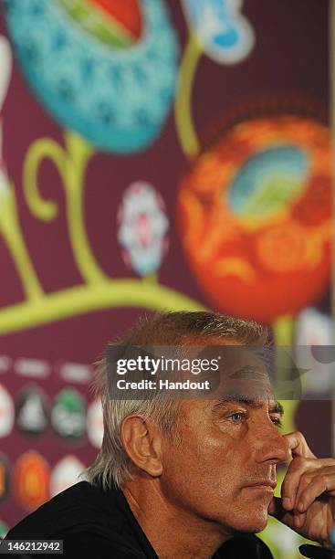 In this handout image provided by UEFA, Coach Bert van Marwijk of Netherlands during a UEFA EURO 2012 press conference at the Metalist Stadium on...